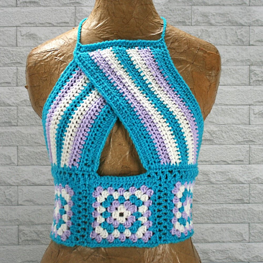HAND CRAFTED Crop Top Halter Crochet Criss Cross Cut Out Granny Square Stripe